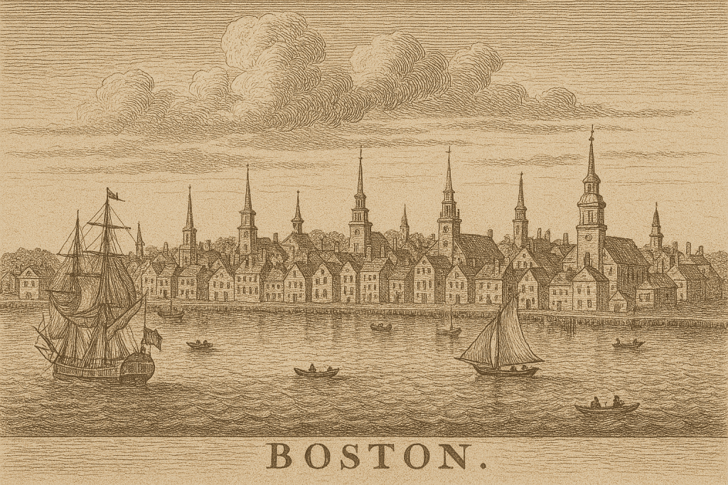 Sepia-toned 18th-century engraving of Boston’s waterfront with ships and church steeples in view