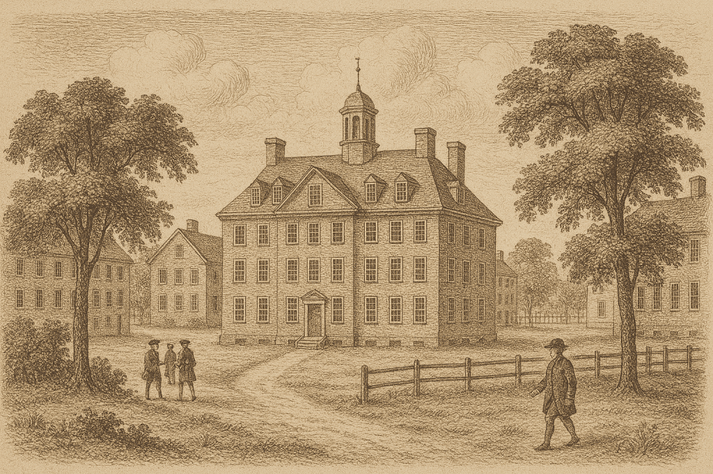 Sepia-toned 18th-century illustration of Massachusetts Hall at Harvard College, with students walking along dirt paths and trees framing the campus