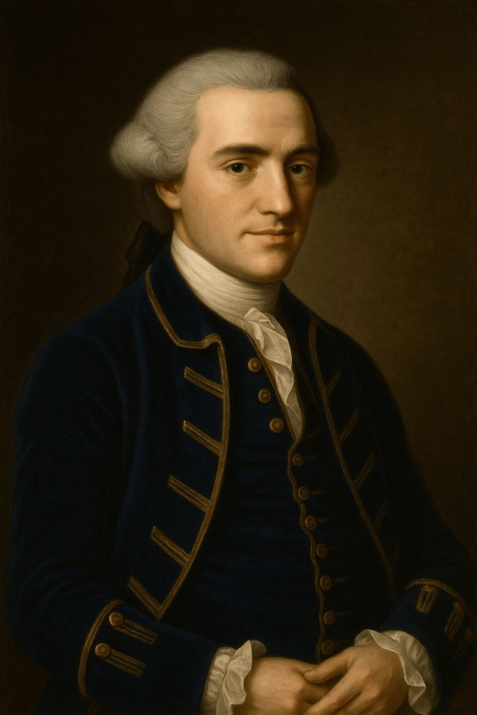 18th-century gentleman in formal navy attire with gold trim, seated in a portrait style against a dark background