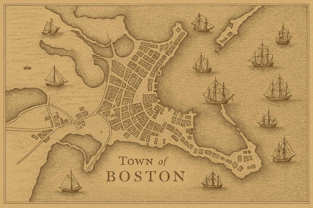 Sepia-toned 18th-century map of Boston showing the town’s streets, shoreline, and harbor filled with ships